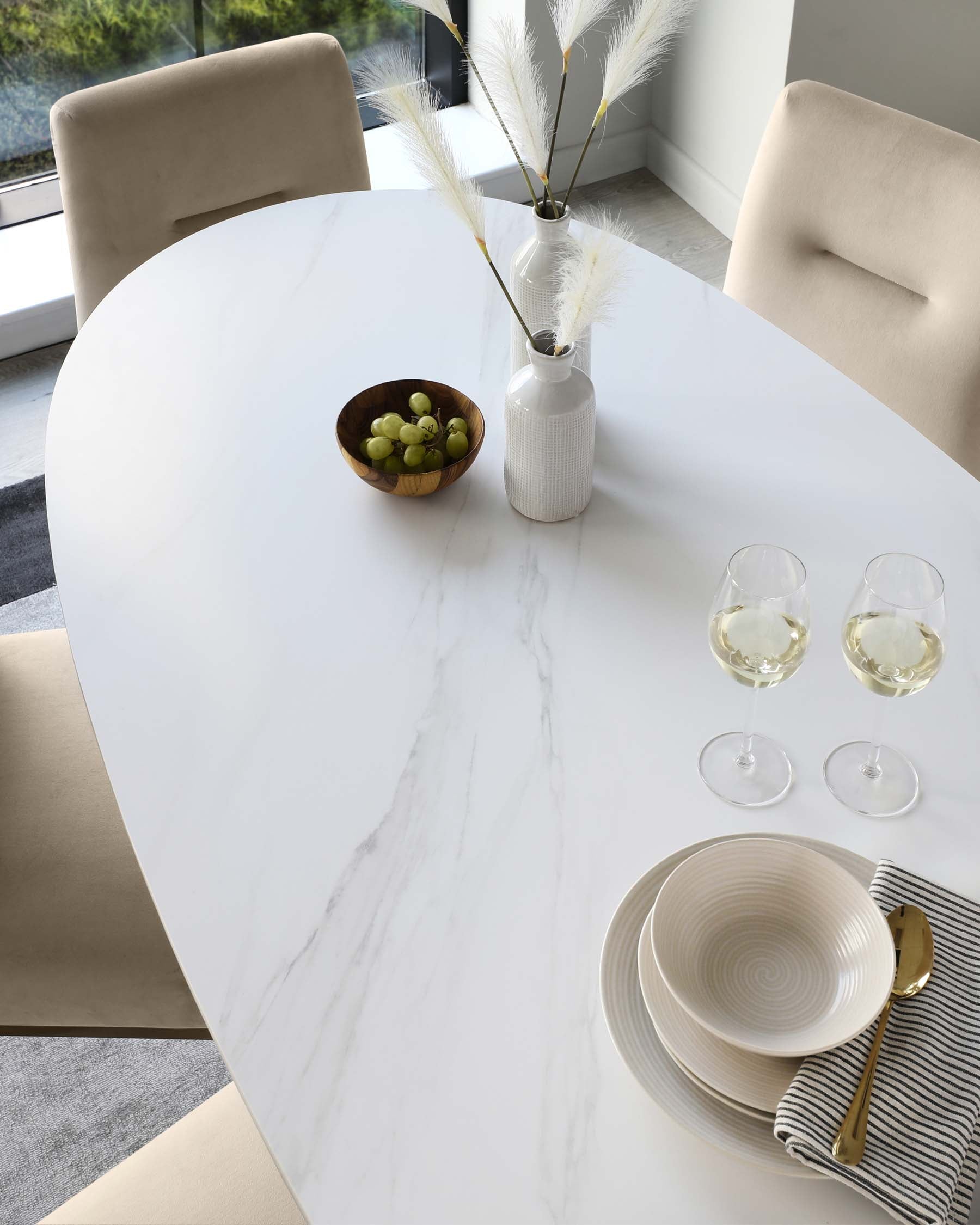 Austin White Marbled Ceramic Fluted 6 Seater Dining Table