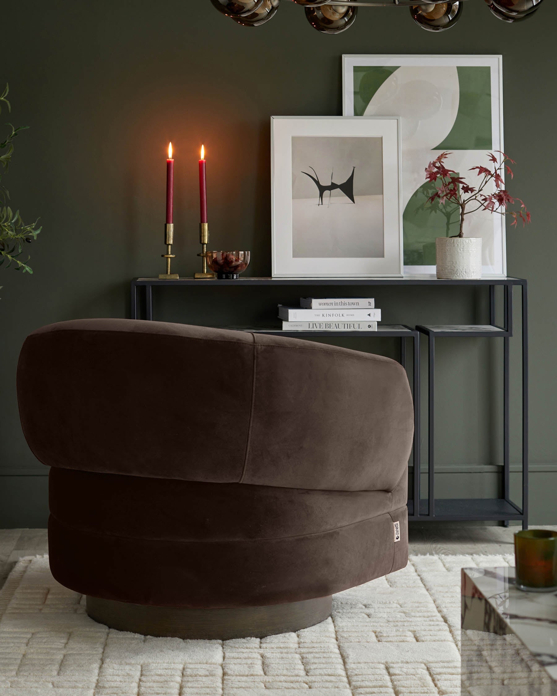 Callan dark mocha velvet swivel accent chair