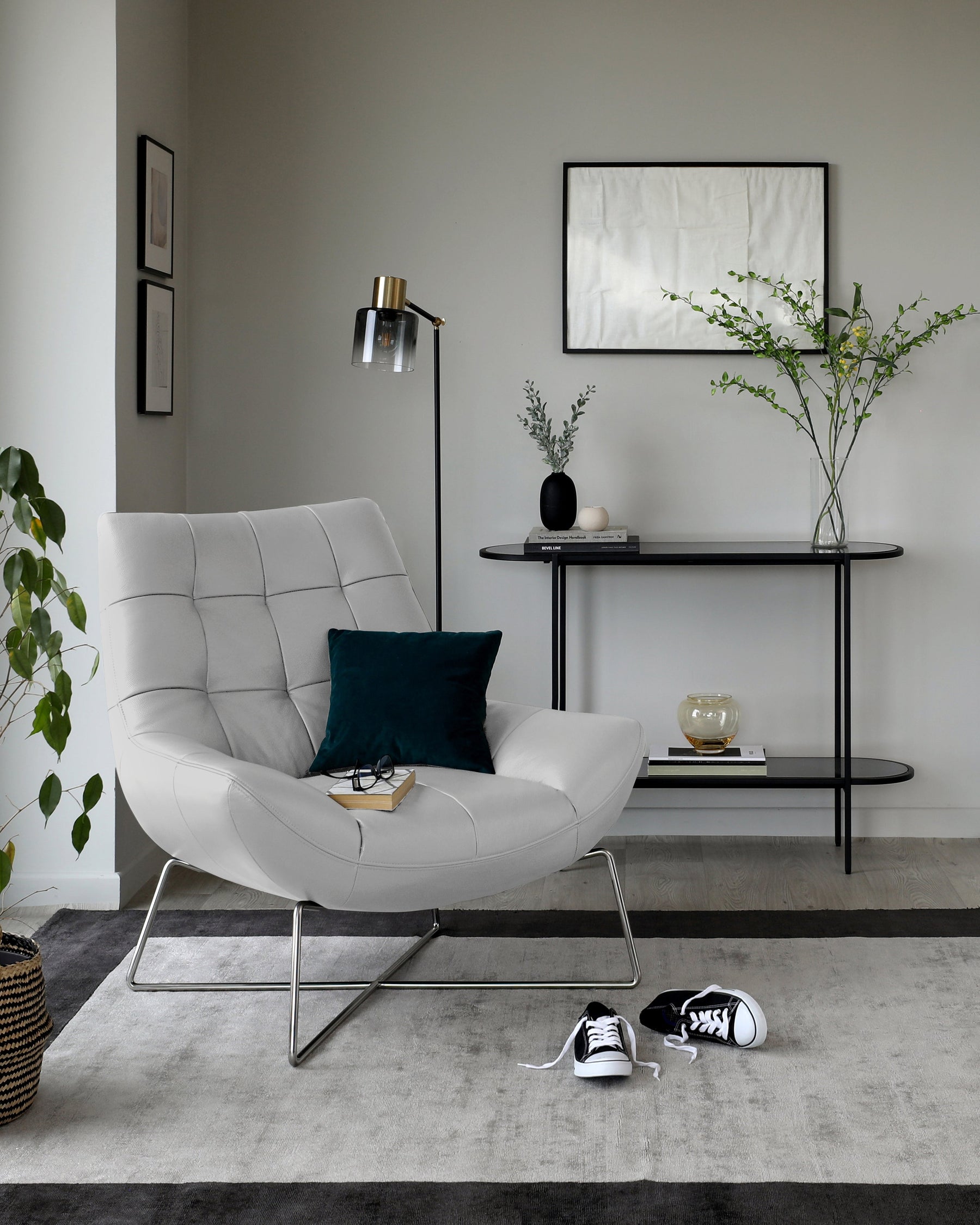 Canio Natural Grey Leather And Brushed Steel Accent Chair
