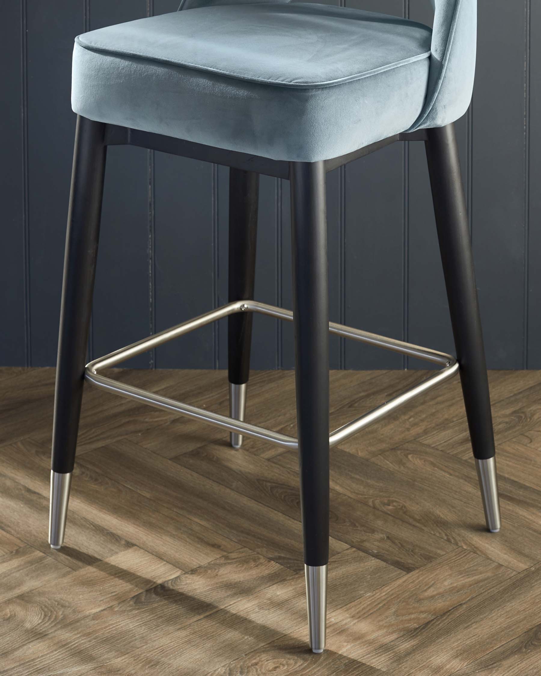 Clover Black Wood with Stainless Steel Caps Bar Stool in Blue Grey Plush Velvet