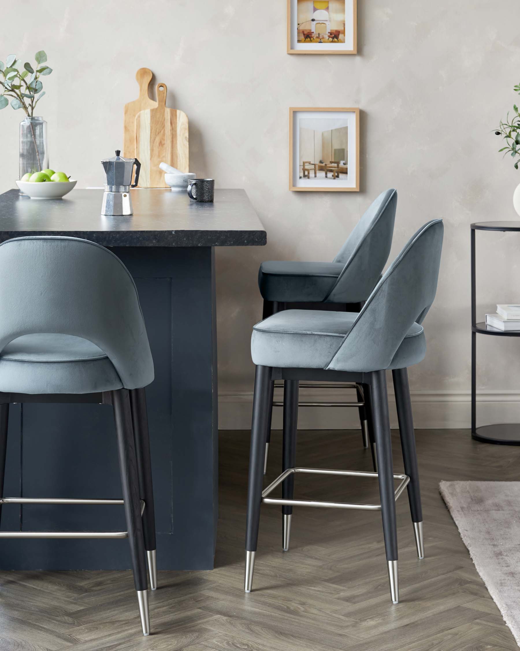 Clover Black Wood with Stainless Steel Caps Bar Stool in Blue Grey Plush Velvet