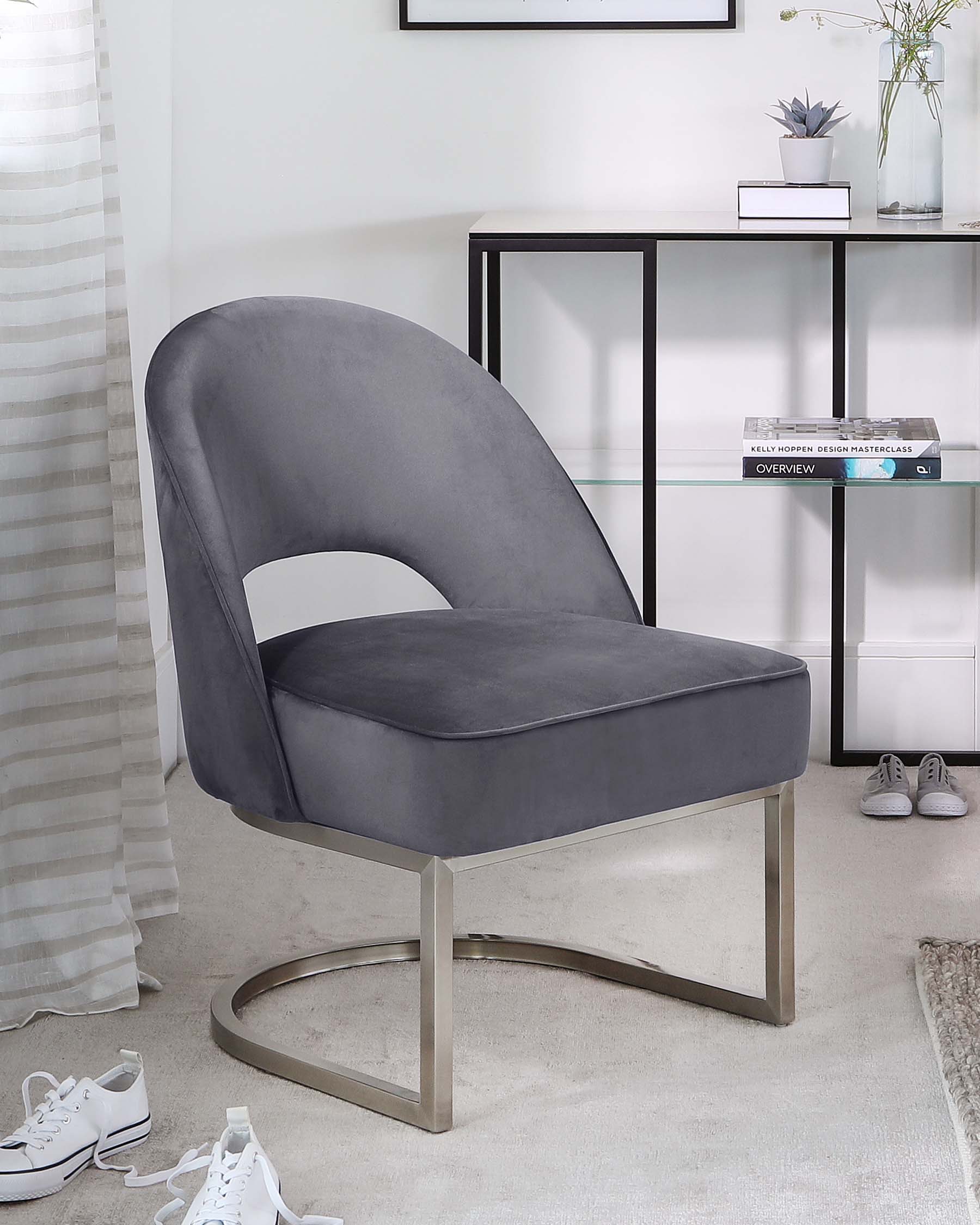 Clover Cantilever Dark Grey Velvet Accent Chair
