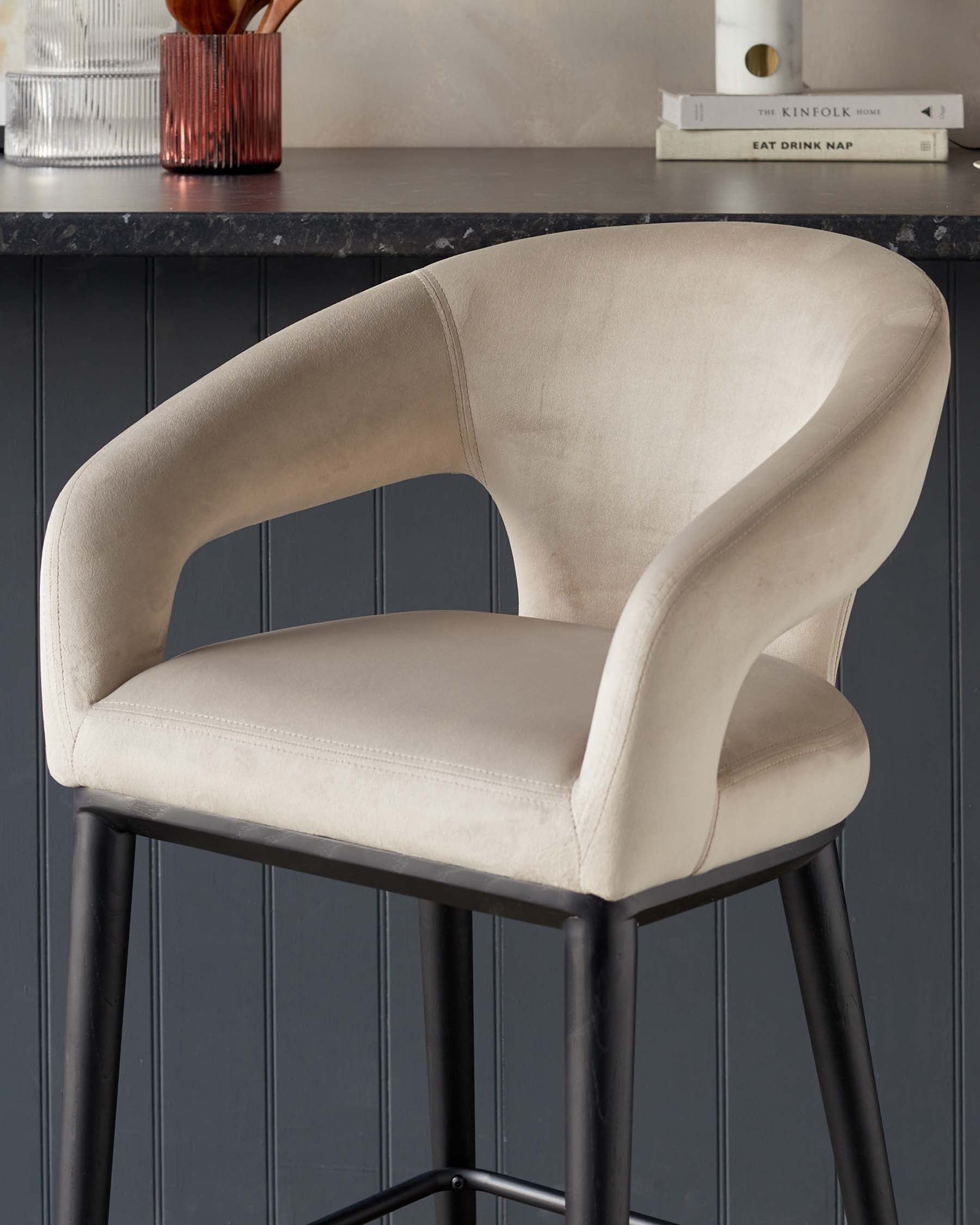 Heath Champagne Plush Velvet Black Wood Bar Stool