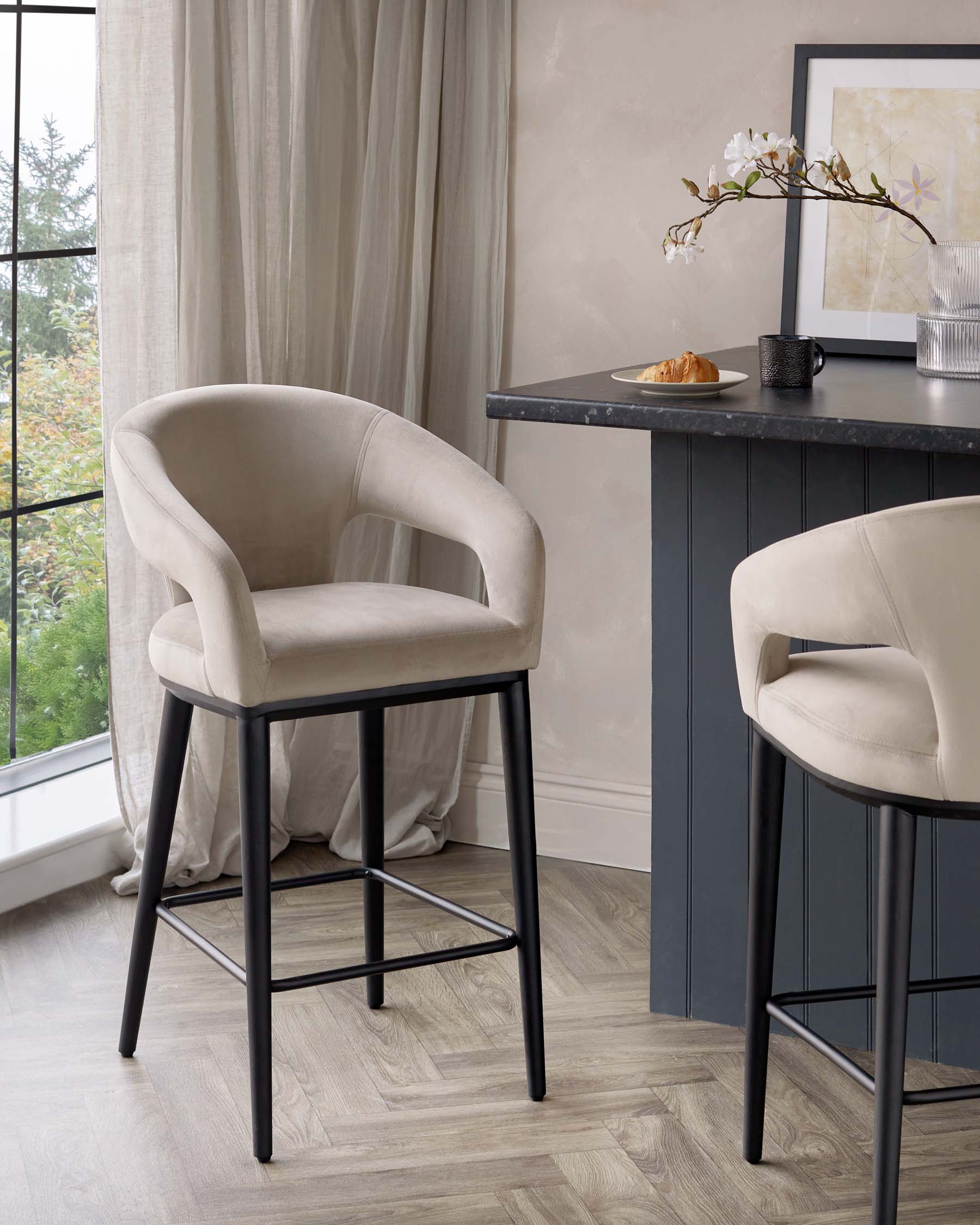 Heath Champagne Plush Velvet Black Wood Bar Stool