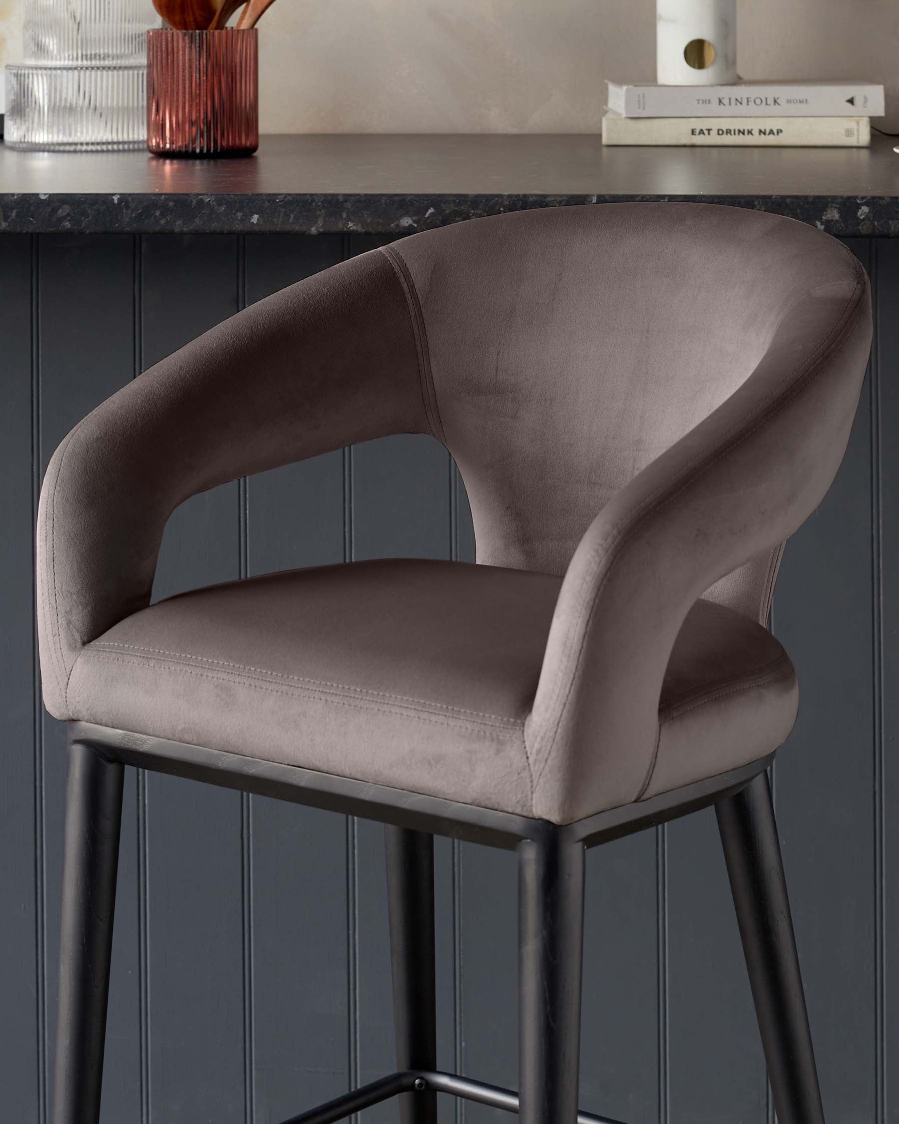 Heath Mocha Plush Velvet Black Wood Bar Stool