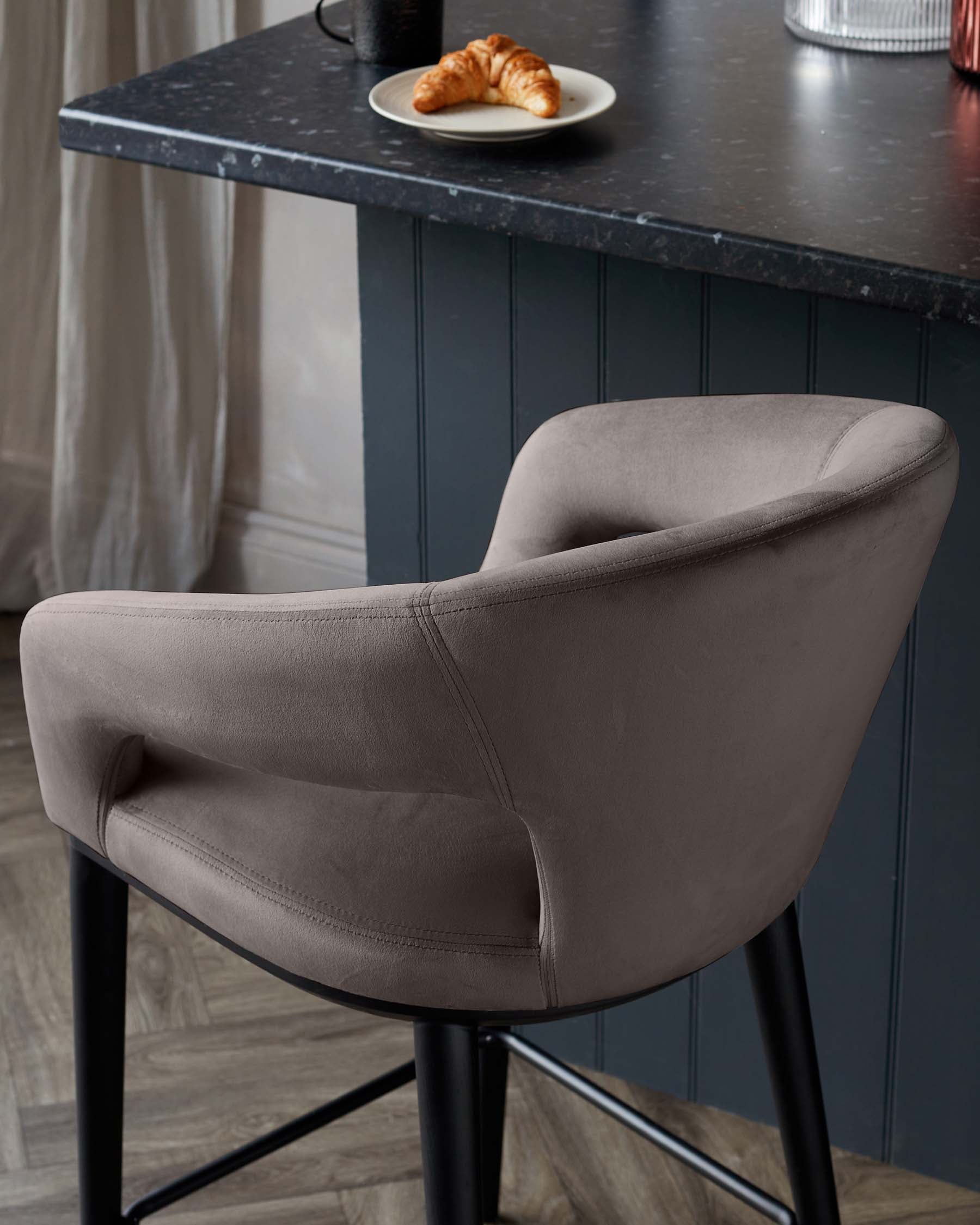 Heath Mocha Plush Velvet Black Wood Bar Stool