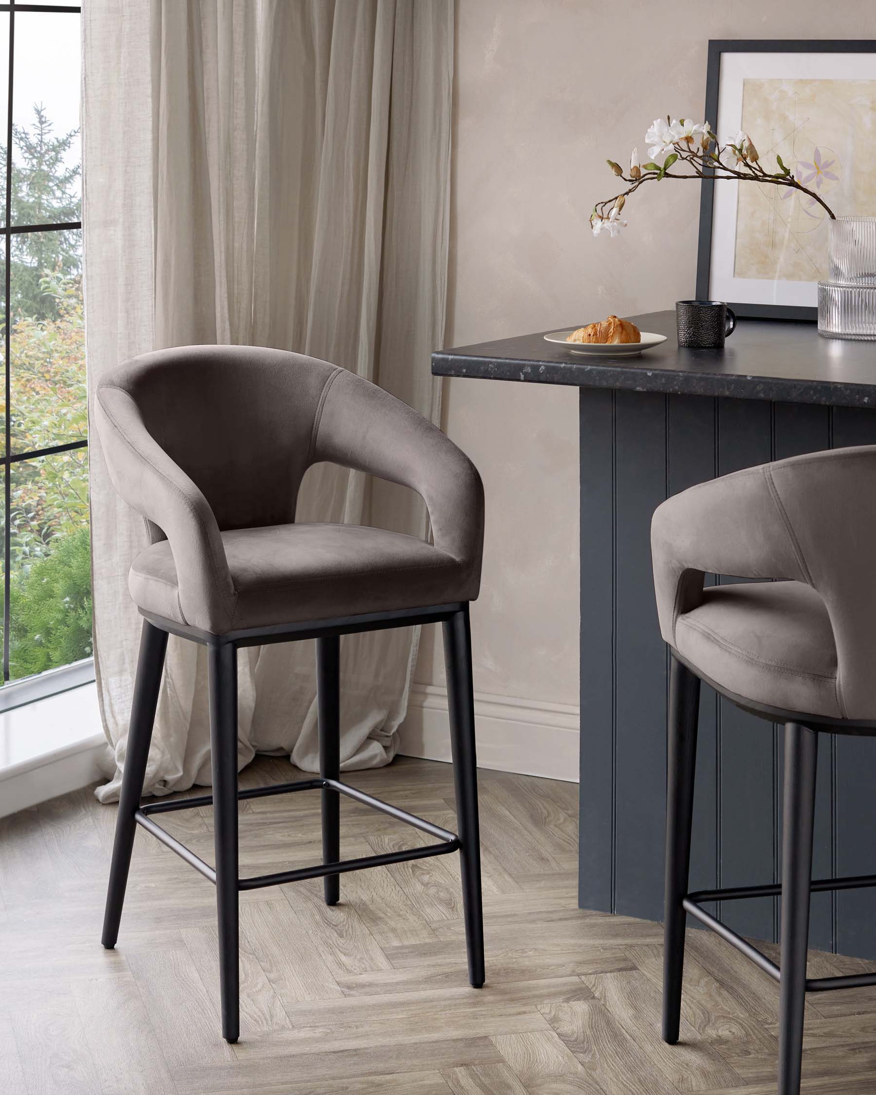 Heath Mocha Plush Velvet Black Wood Bar Stool
