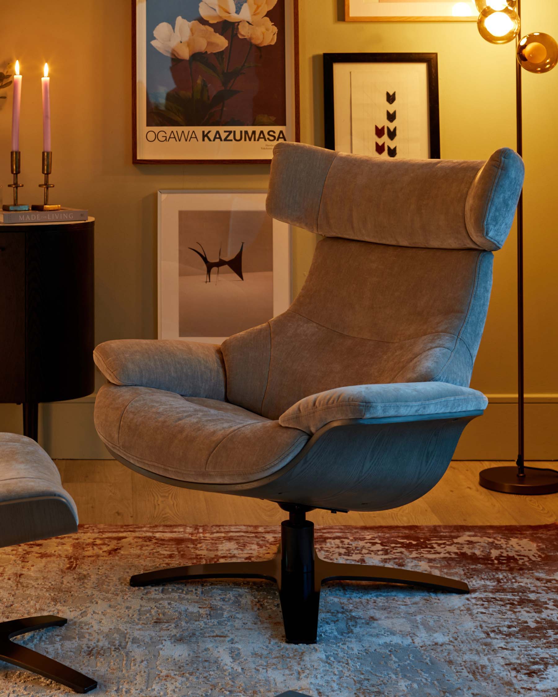 Karma light grey fabric swivel recliner accent chair and footstool