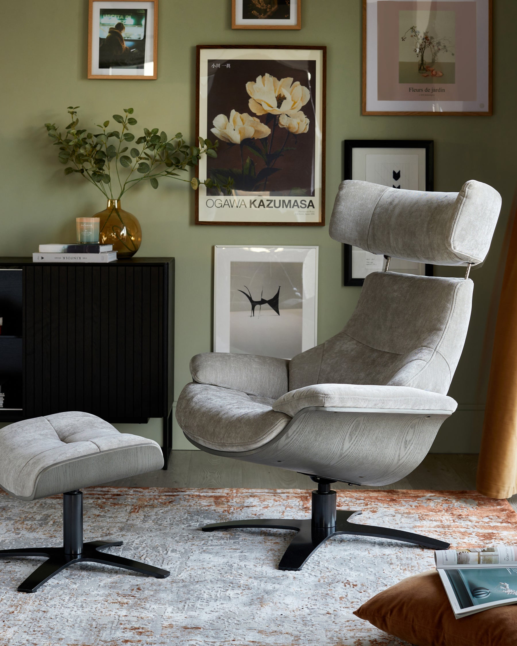Karma light grey fabric swivel recliner accent chair and footstool