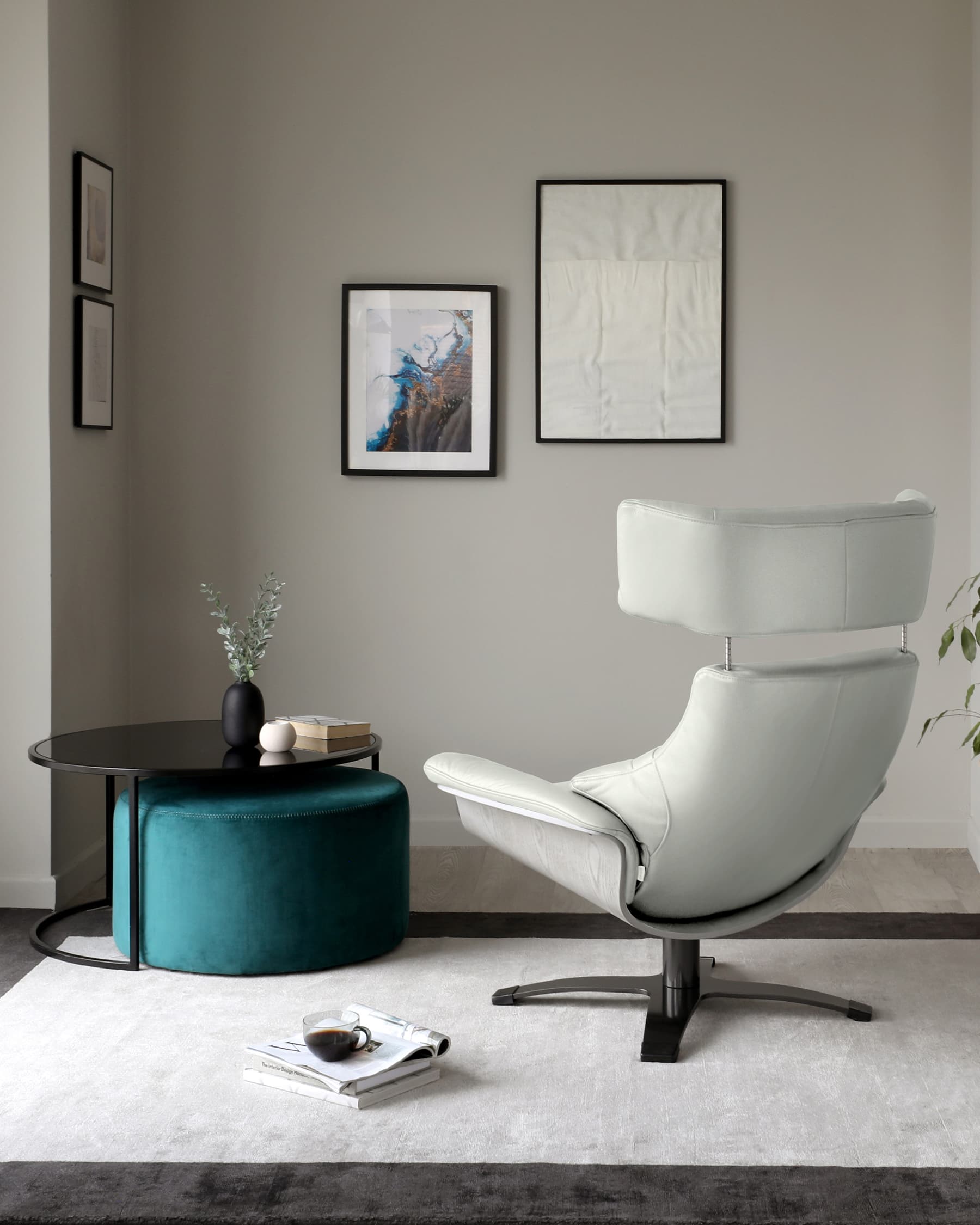 Karma natural grey leather swivel recliner accent chair and footstool