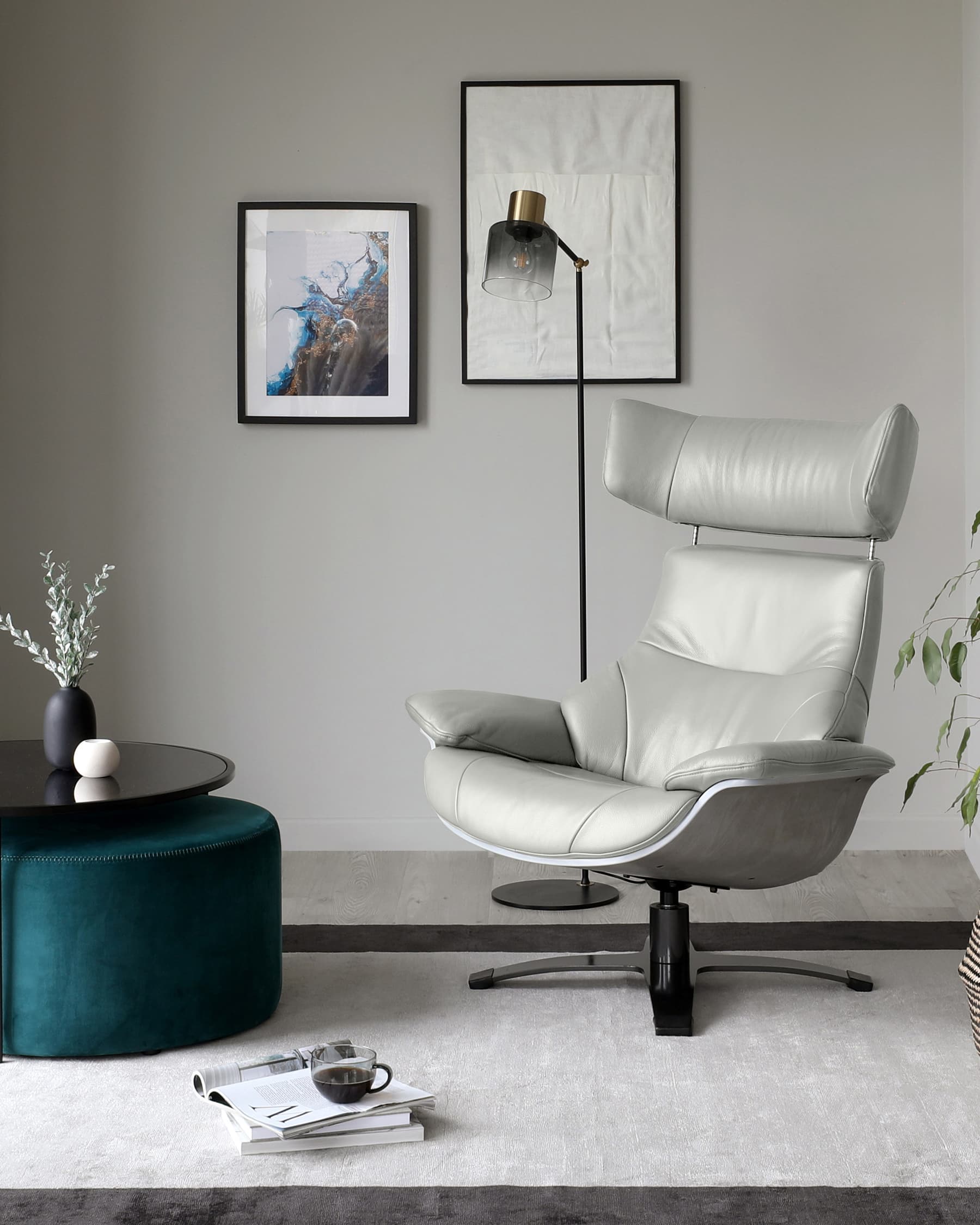 Karma natural grey leather swivel recliner accent chair and footstool