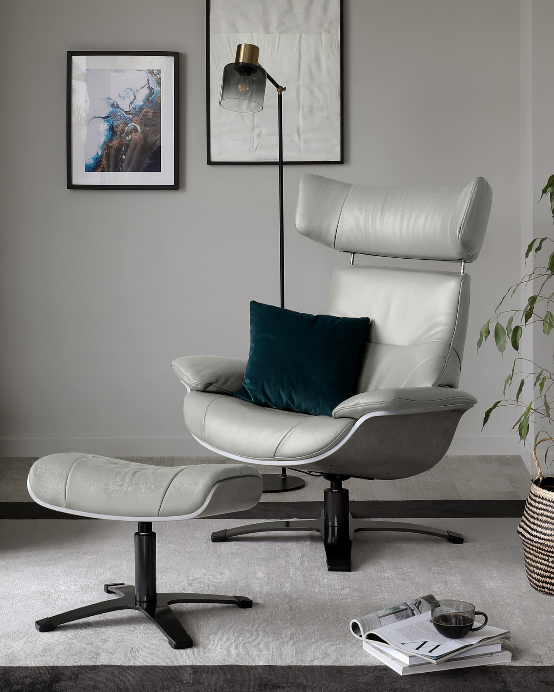 Karma natural grey leather swivel recliner accent chair and footstool