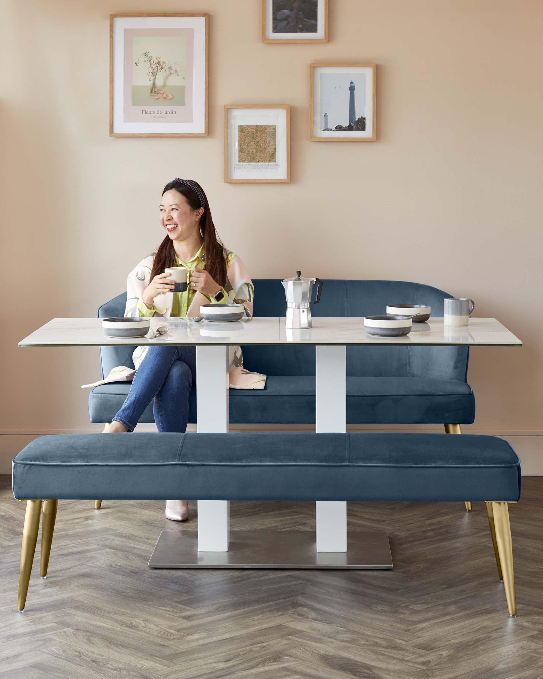 Mellow Dark Blue Velvet And Brass 3 Seater Bench Without Backrest