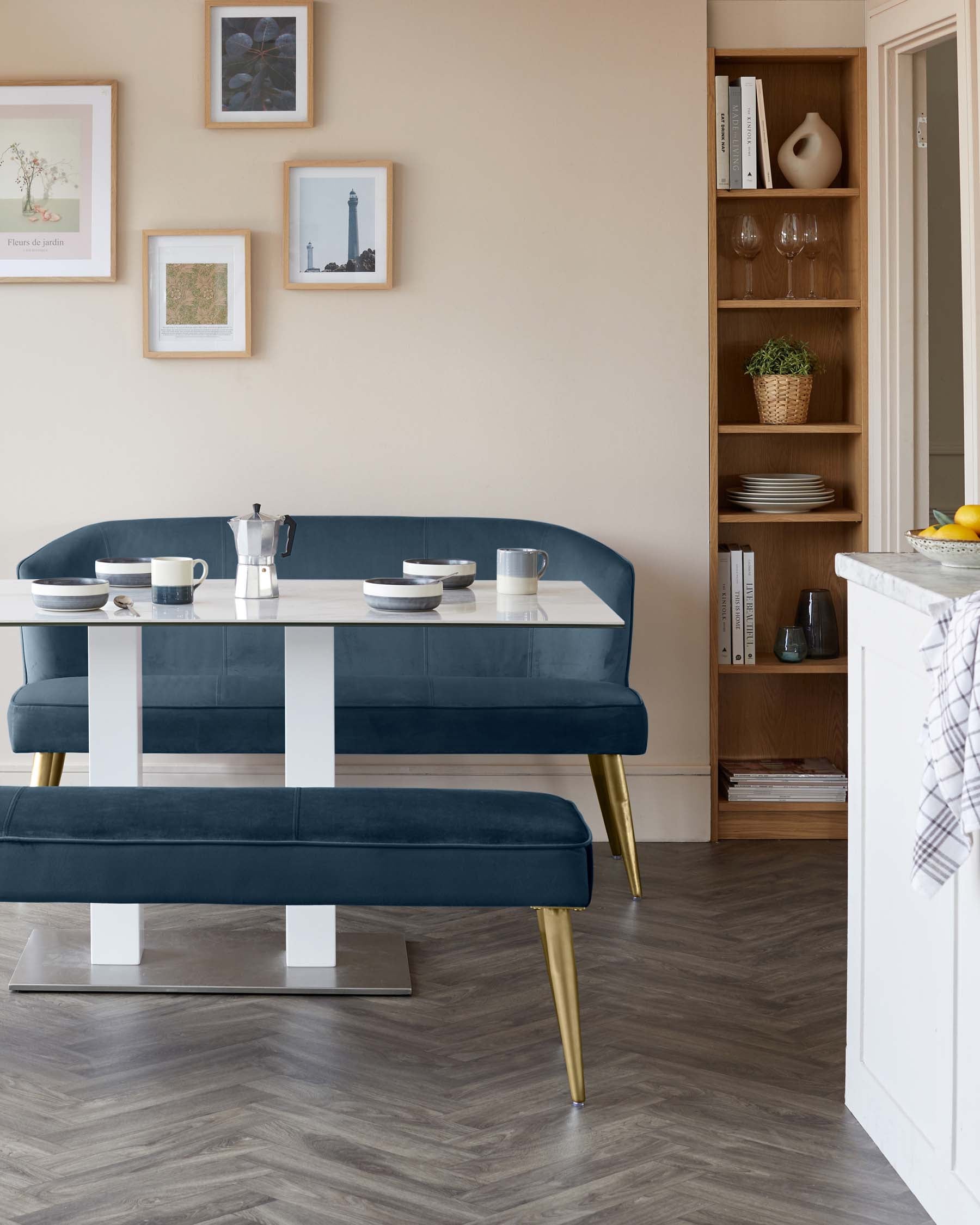Mellow Dark Blue Velvet And Brass 3 Seater Bench Without Backrest