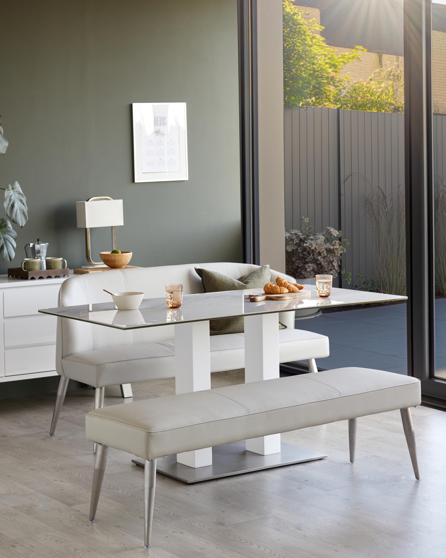Mellow Light Grey Faux Leather Stainless Steel 3 Seater Dining Bench With Backrest