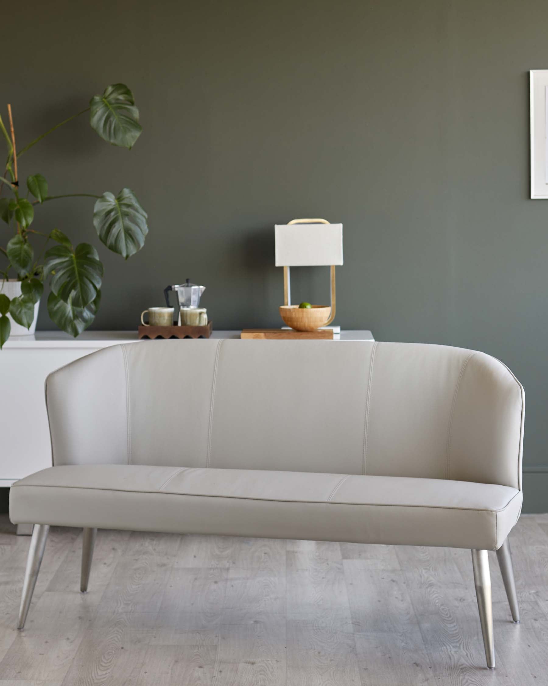 Mellow Light Grey Faux Leather Stainless Steel 3 Seater Dining Bench With Backrest