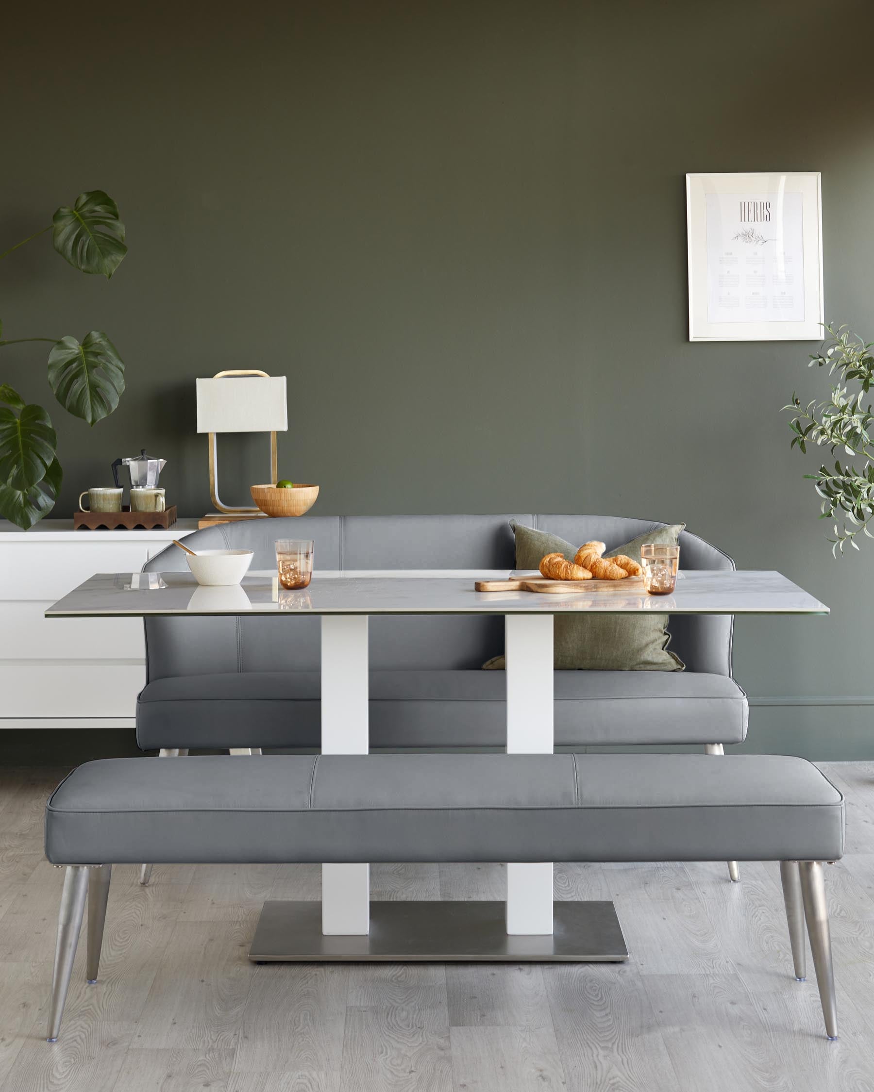 Mellow Mid Grey Faux Leather 3 Seater Stainless Steel Dining Bench with Backrest