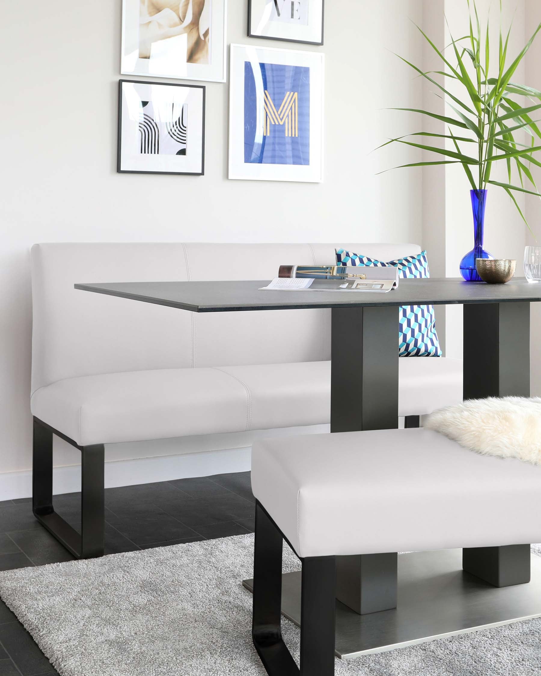 Loop 3 Seater Bench Light Grey Faux Leather & Black Leg Bench Without Backrest
