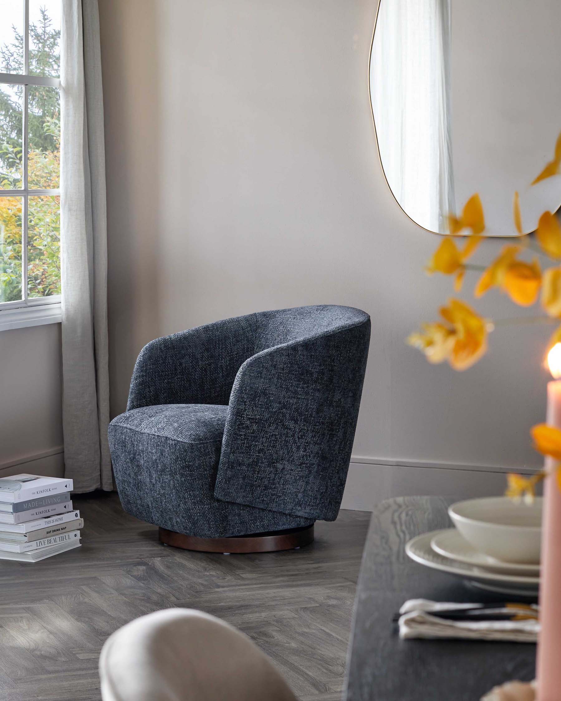 Natalia dark blue chunky weave swivel accent chair