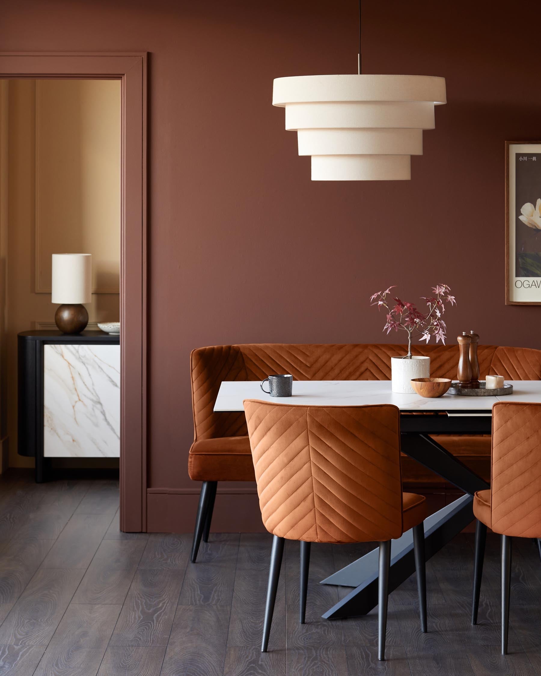Serena rust velvet 3 seater dining bench
