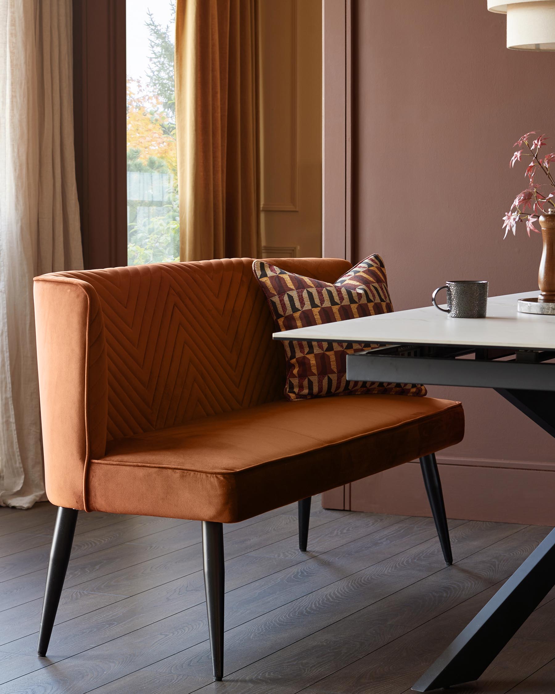 Serena rust velvet 3 seater dining bench