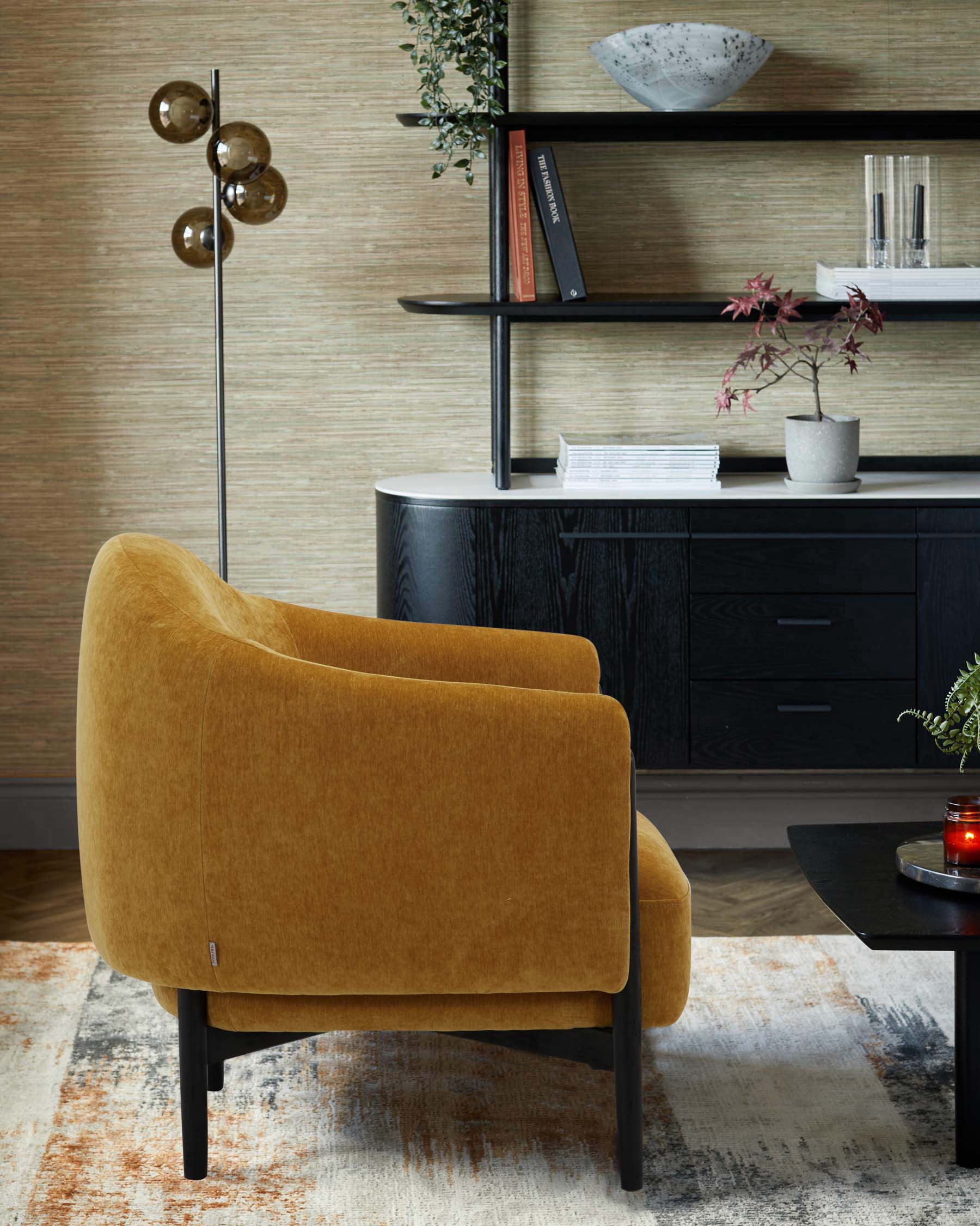 Tristan ochre fabric accent chair with black wood