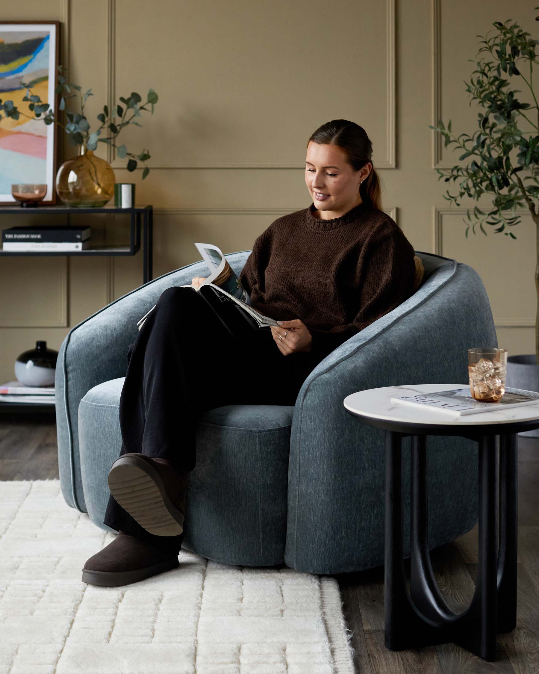 Zoey blue grey fabric armchair