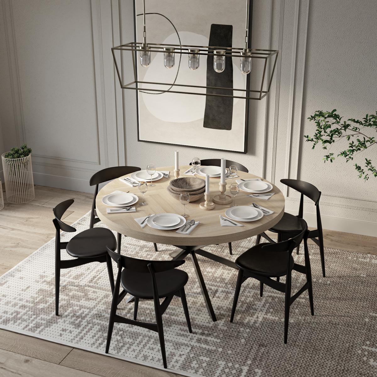 Astrid Round Extendable Parquet Dining Table in Light Oak