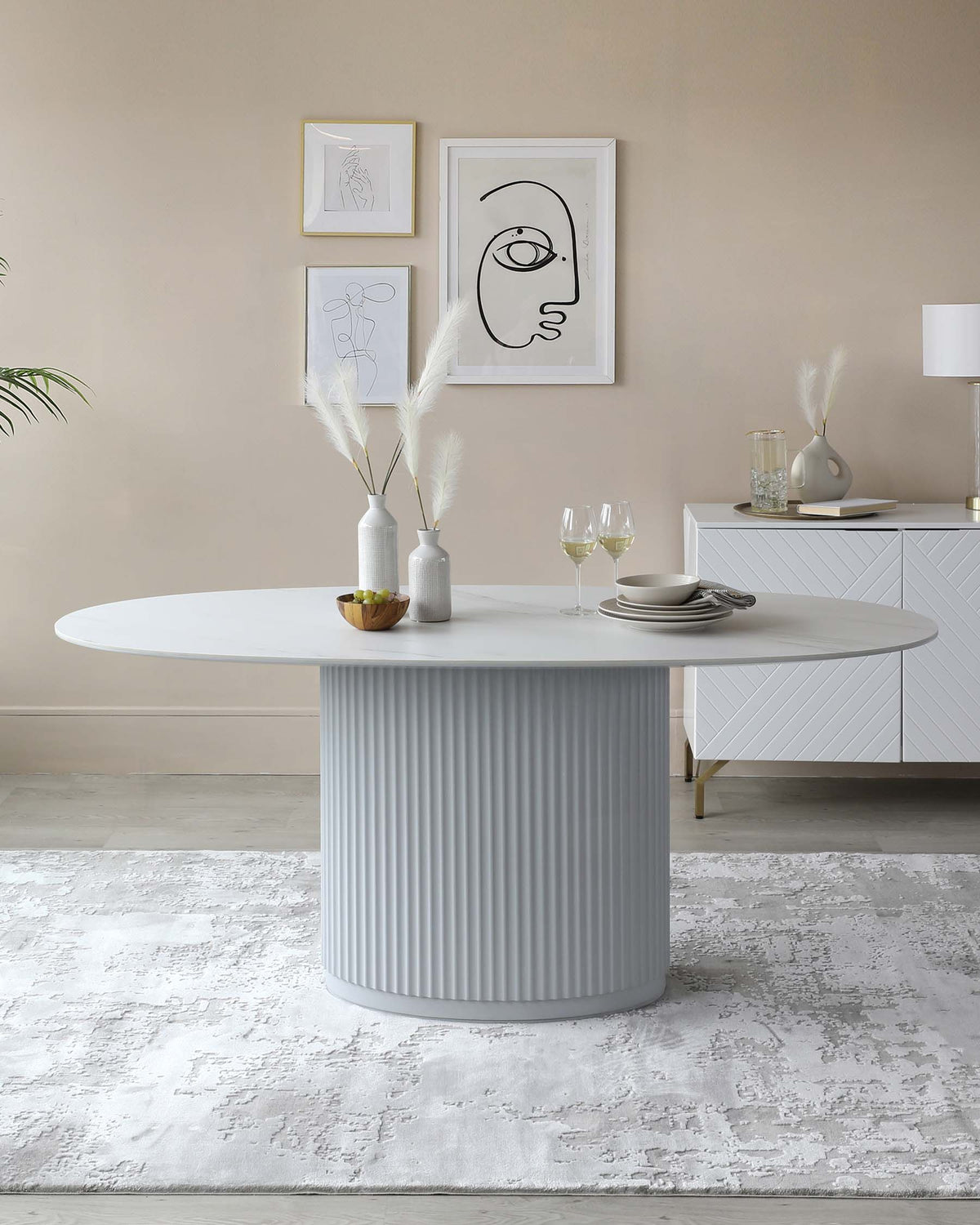 Austin White Marbled Ceramic Fluted 6 Seater Dining Table