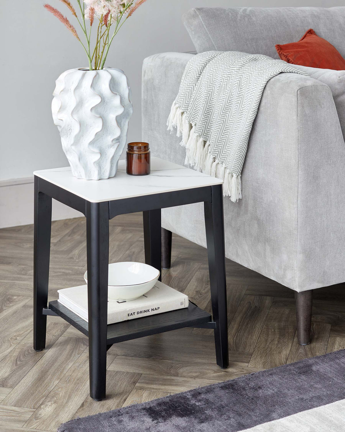 Banks White Marbled Ceramic With Black Wood Side Table