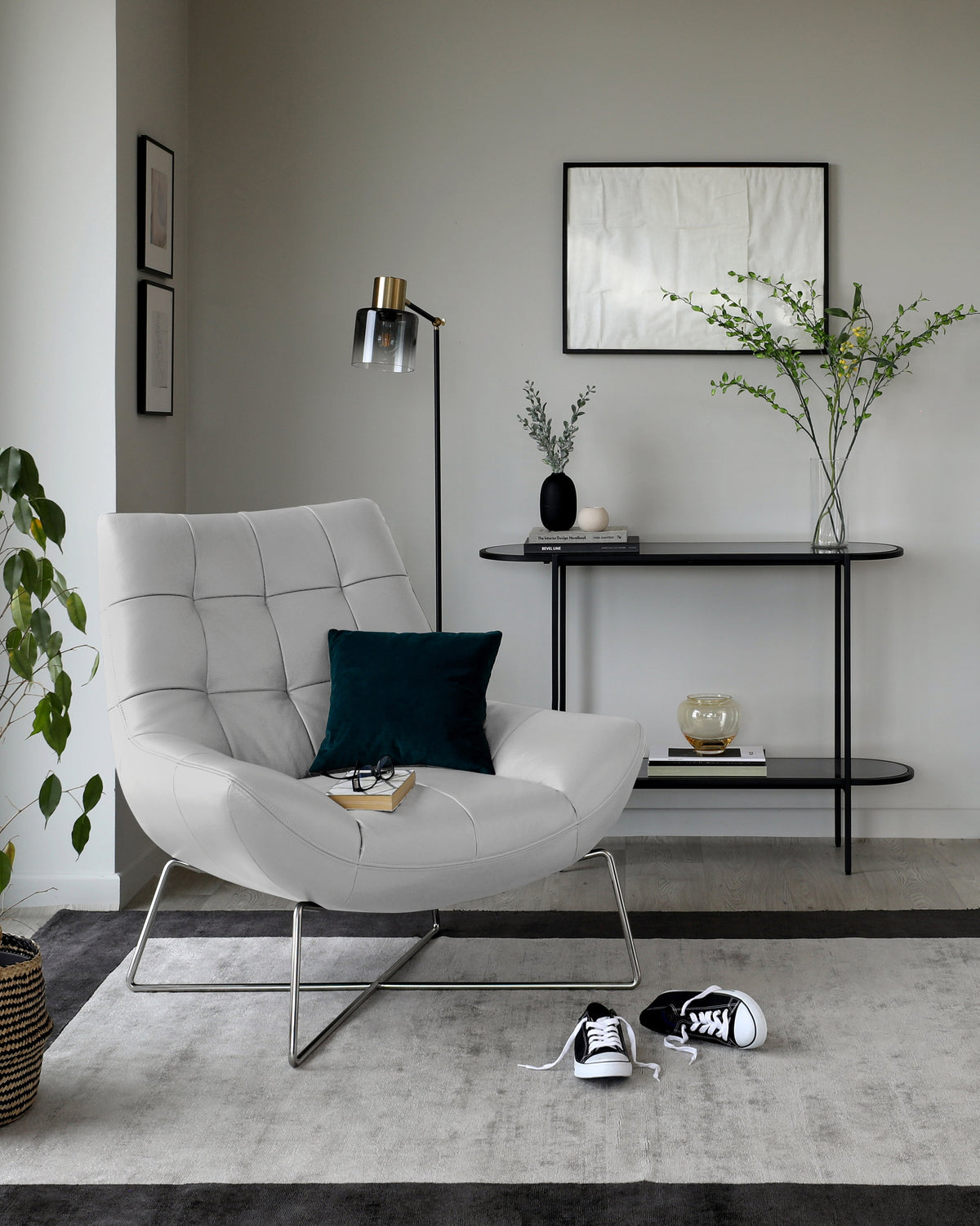 Canio Natural Grey Leather And Brushed Steel Accent Chair