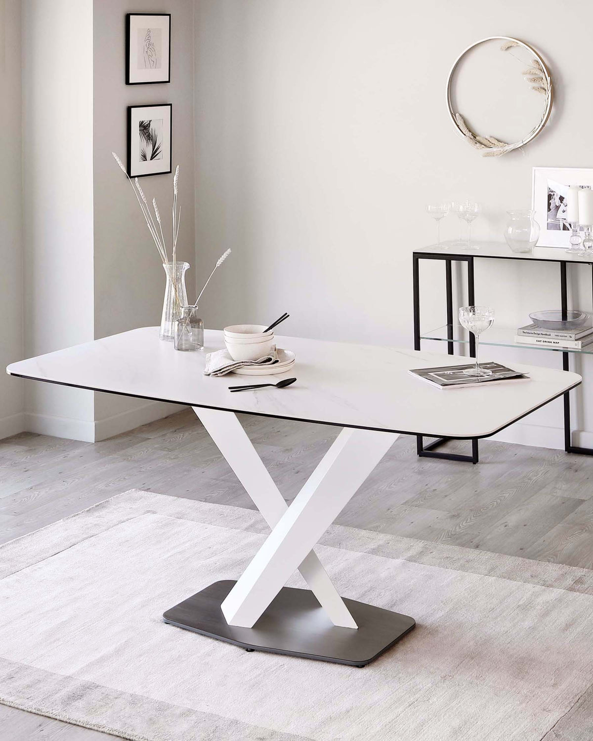 Carter White Marbled Ceramic Pedestal 6 Seater Table