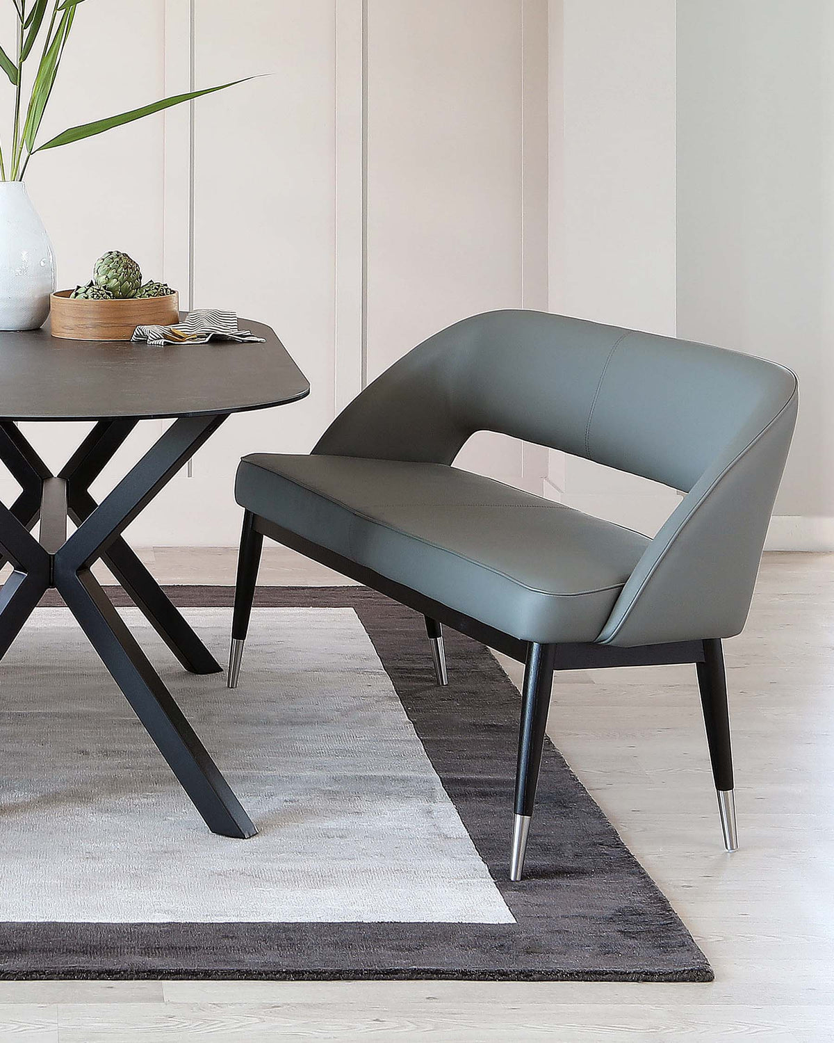 Clover Mid Grey Faux Leather & Stainless Steel Dining Bench With Backrest