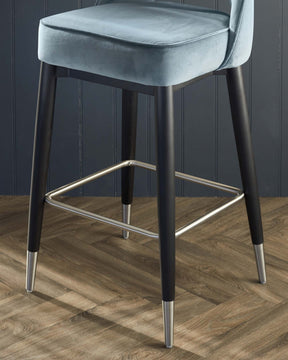 Clover Black Wood with Stainless Steel Caps Bar Stool in Blue Grey Plush Velvet
