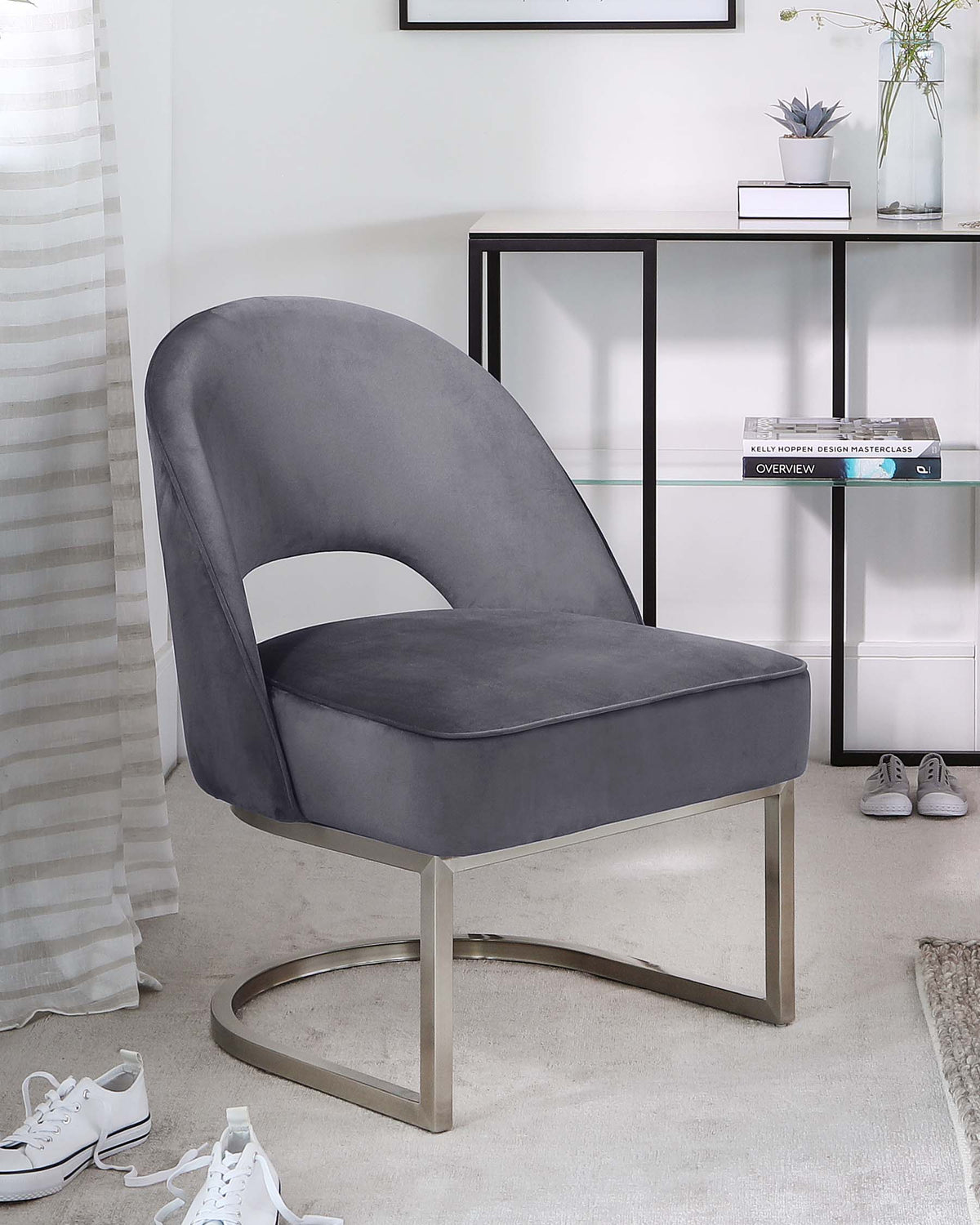 Clover Cantilever Dark Grey Velvet Accent Chair