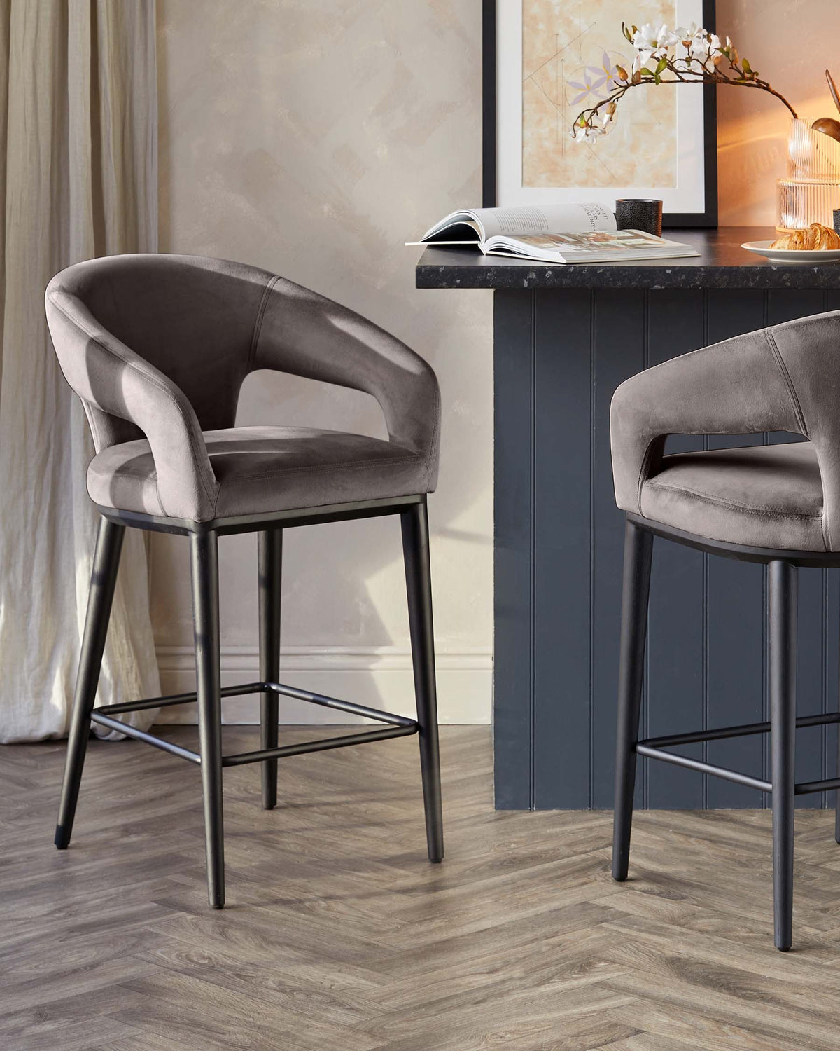 Heath Mocha Plush Velvet Black Wood Bar Stool