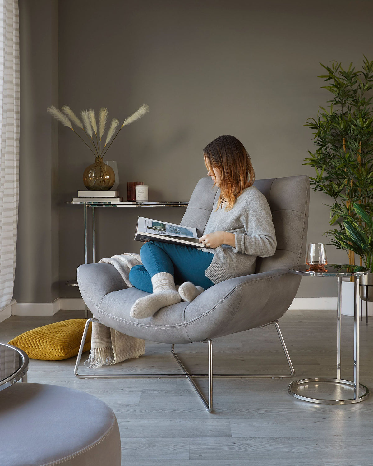 Canio Grey Faux Leather And Brushed Steel Accent Chair