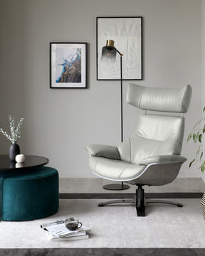 Karma natural grey leather swivel recliner accent chair and footstool