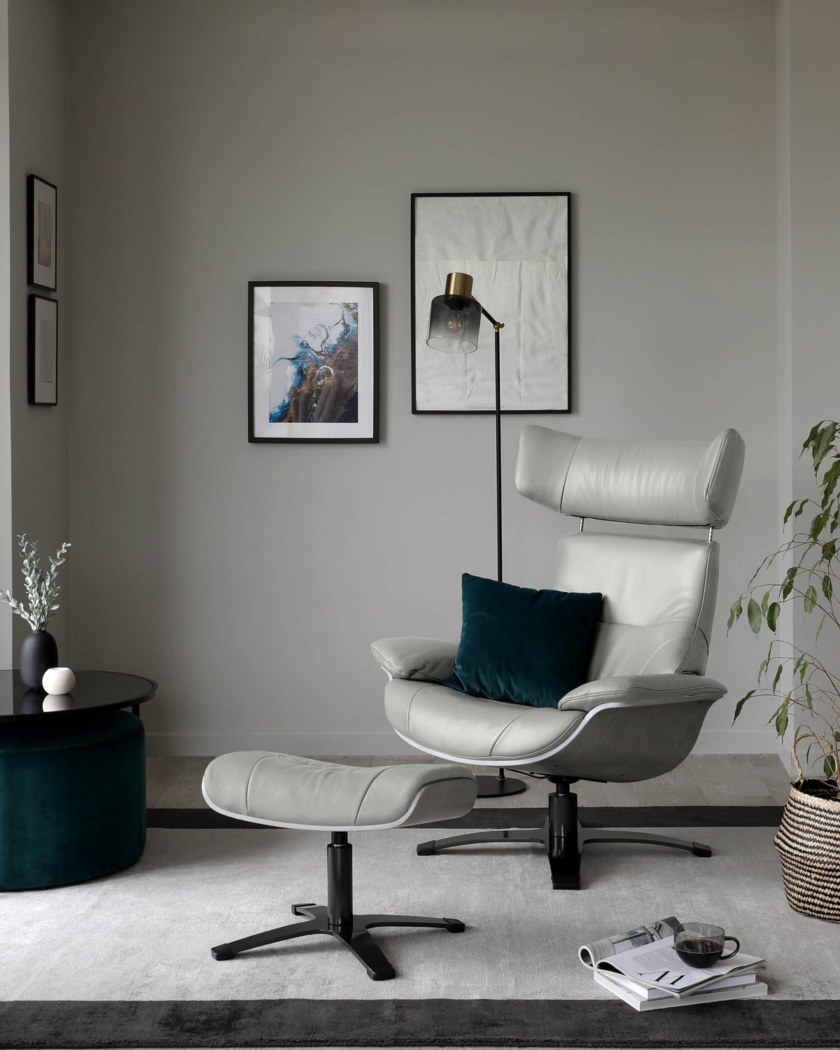 Karma natural grey leather swivel recliner accent chair and footstool