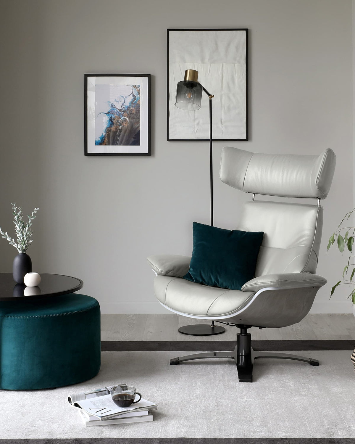 Karma natural grey leather swivel recliner accent chair and footstool