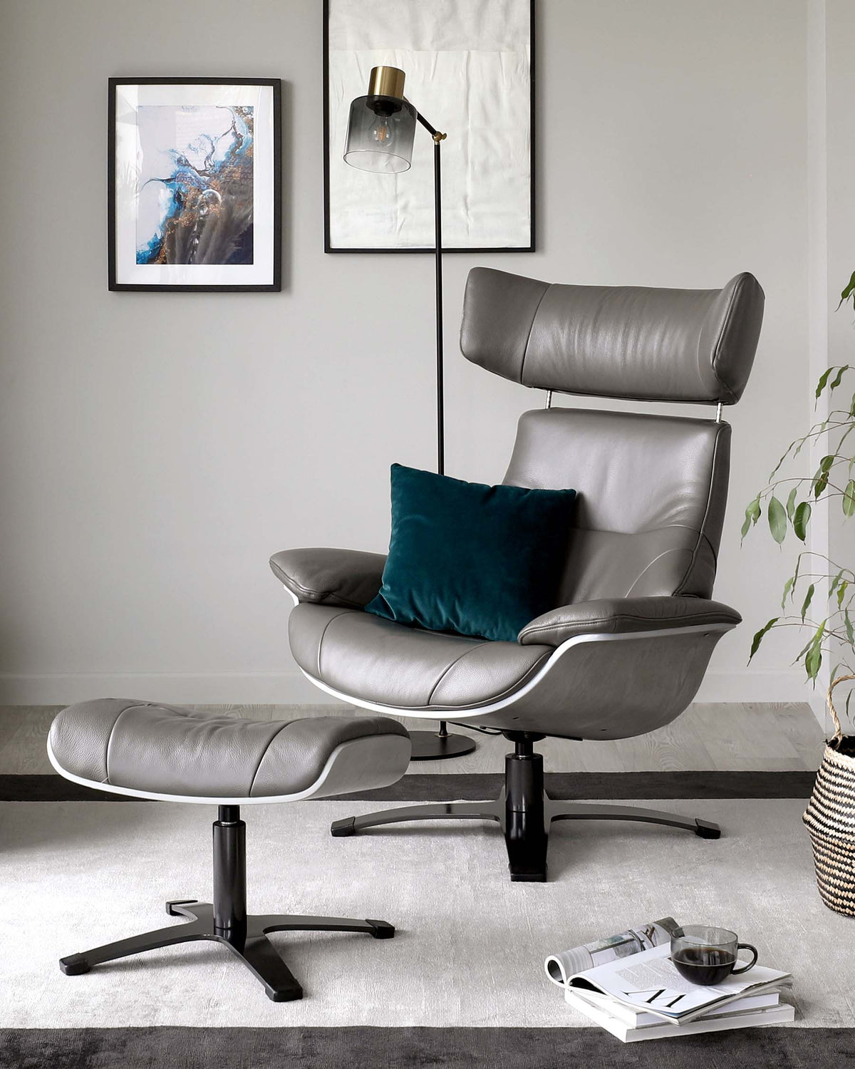 Karma dark grey leather swivel recliner accent chair and footstool