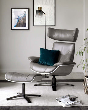 Karma dark grey leather swivel recliner accent chair and footstool