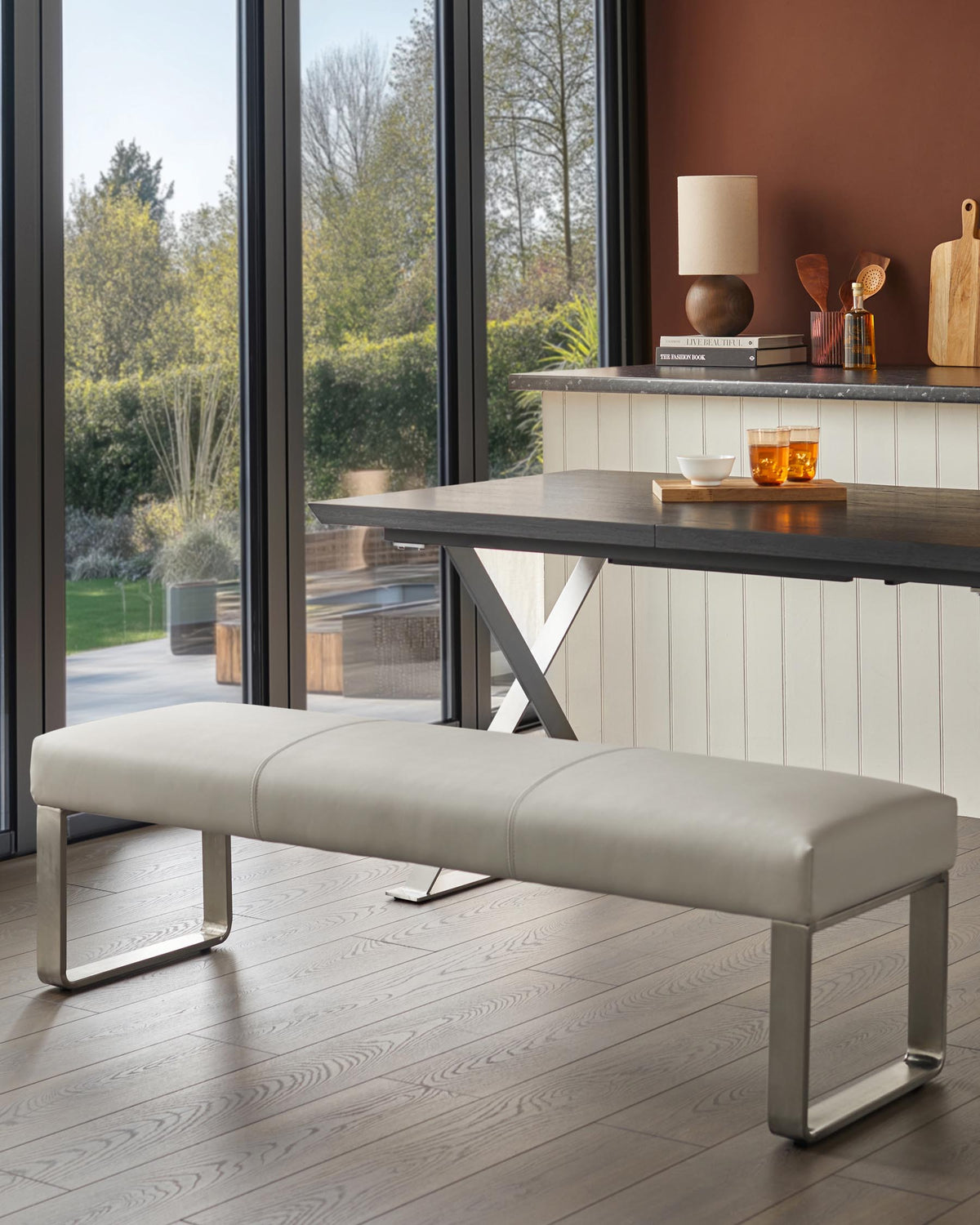 Loop 3 Seater Light Grey Faux Leather & Stainless Steel Bench Without Backrest