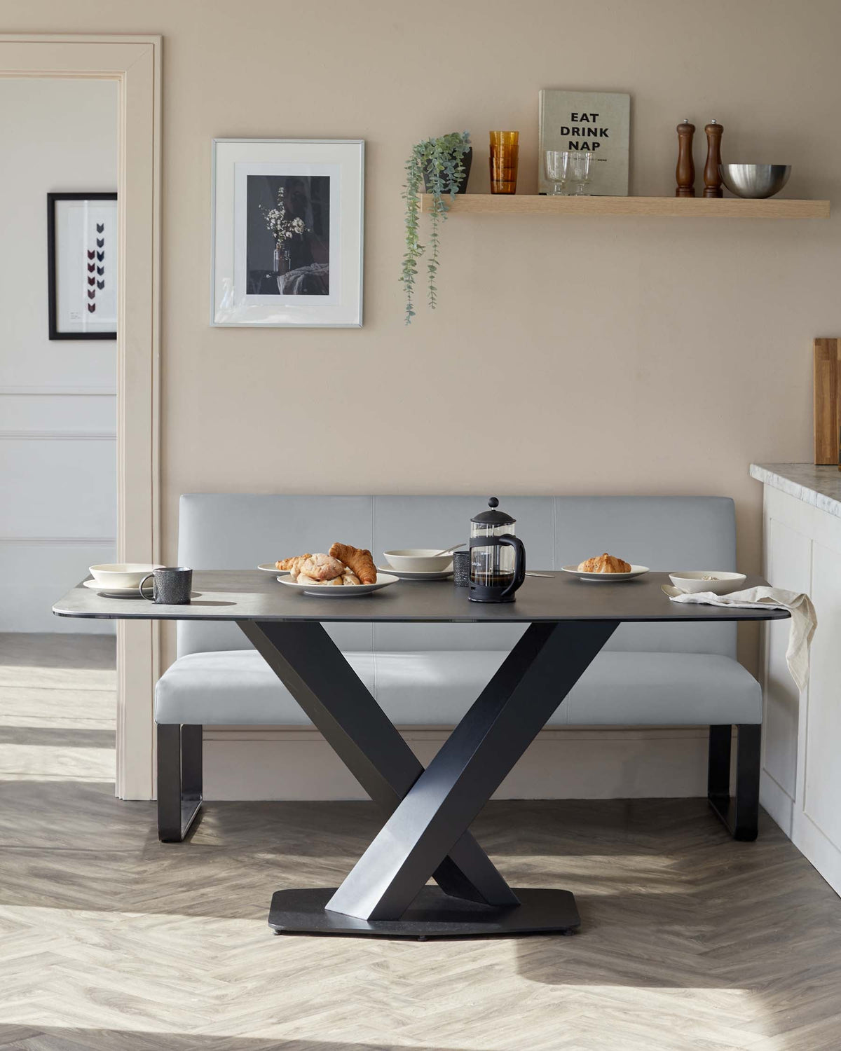Loop 3 Seater Mid Grey & Black Leg Dining Bench With Backrest