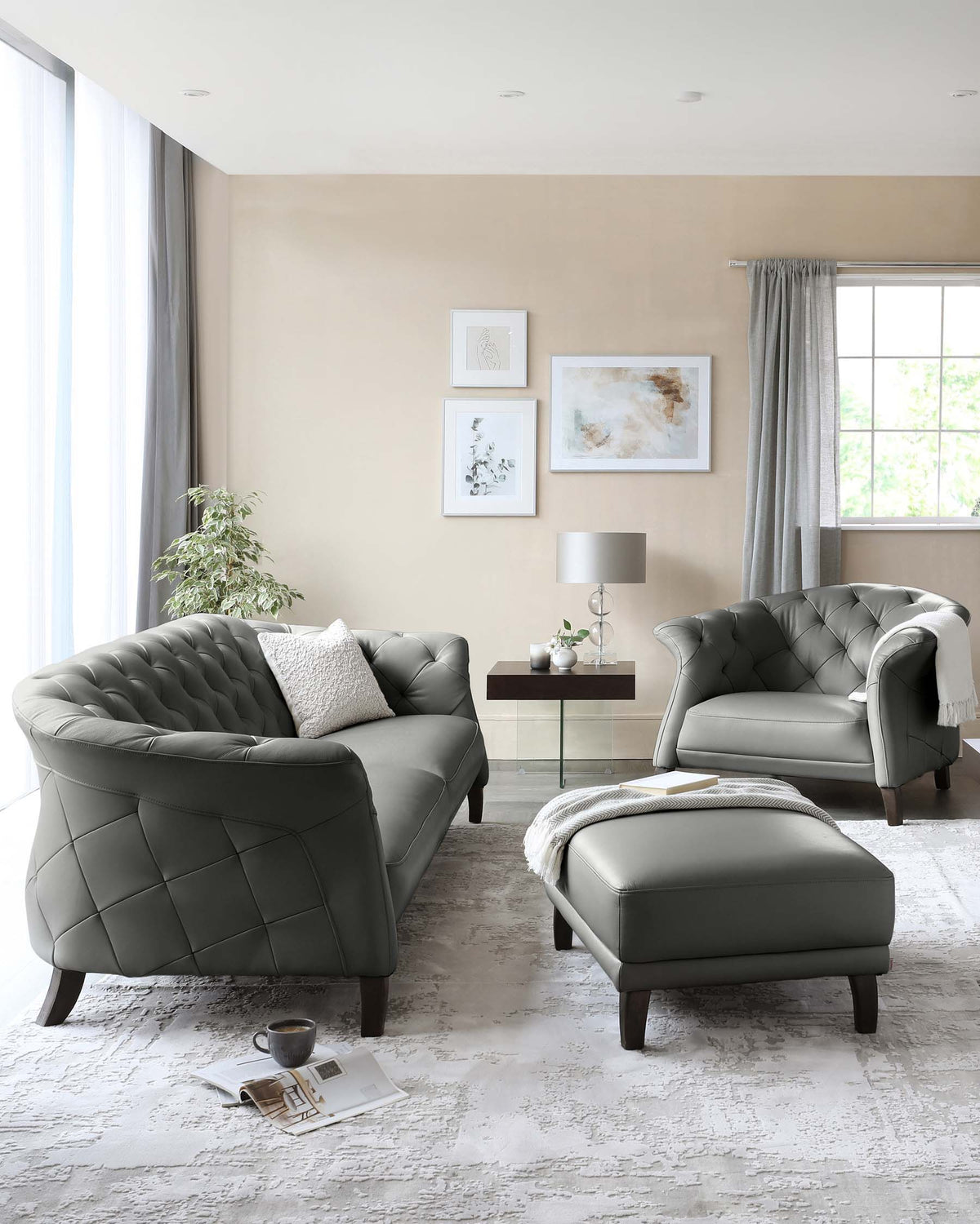 Luxe Modern Dark Grey Real Leather And Dark Wood Leg Armchair