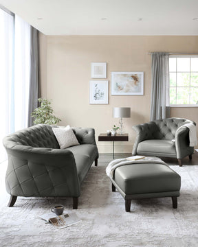 Luxe Modern Dark Grey Real Leather And Dark Wood Leg Armchair