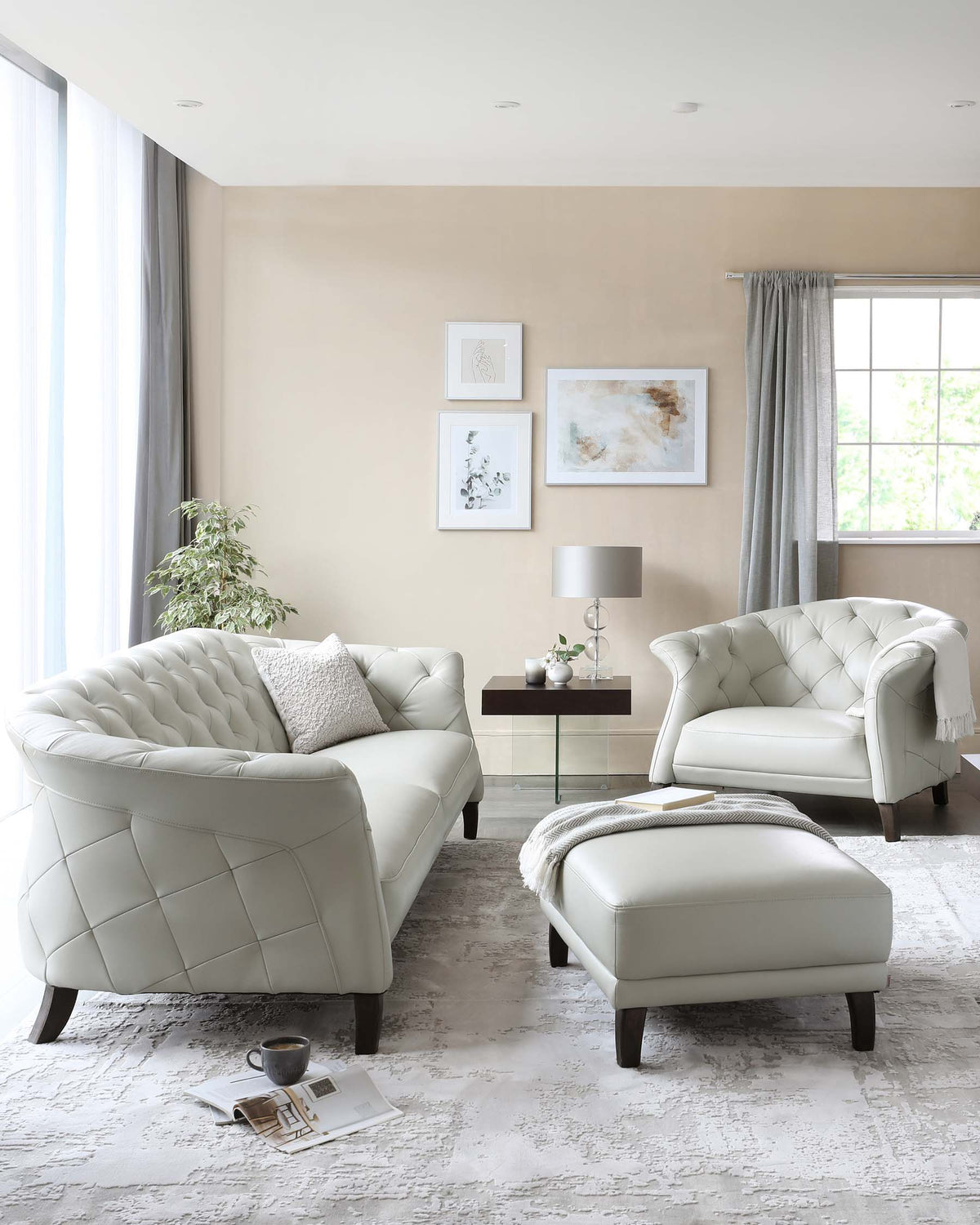 Luxe Modern Natural Grey Real Leather And Dark Wood Leg Armchair