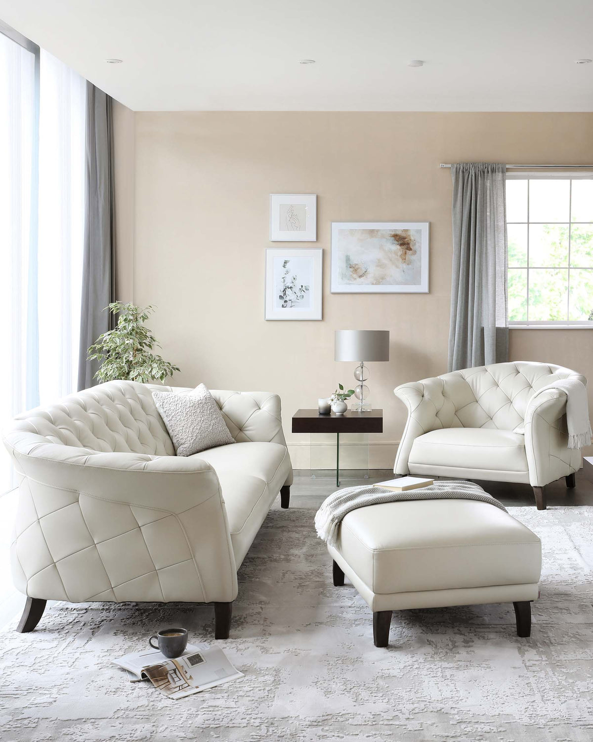 Luxe Modern White Real Leather And Dark Wood Leg Armchair