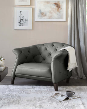 Luxe Modern Dark Grey Real Leather And Dark Wood Leg Armchair