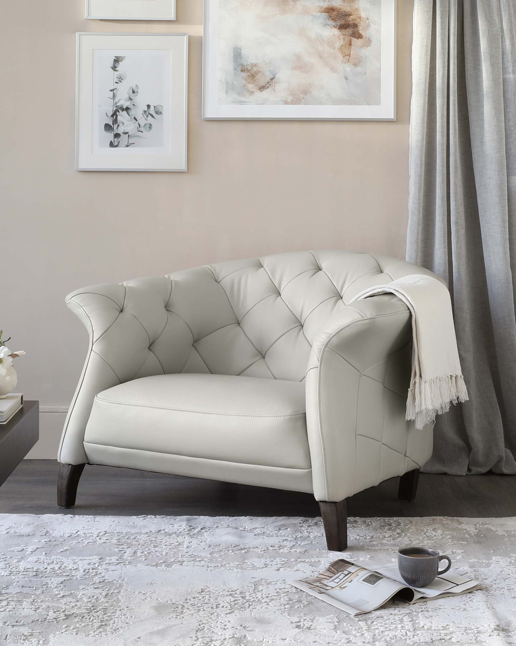 Luxe Modern Natural Grey Real Leather And Dark Wood Leg Armchair